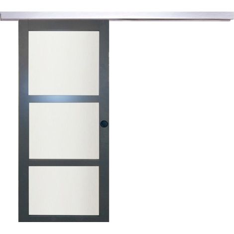 Porta Scorrevole Blakeria RAL7016 Vetrata H204 x L73 + Binario in Alluminio e 2 Gusci Neri