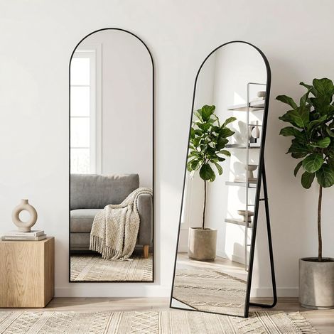 Miroir Mural en Arche HD Noir 162x50 cm, Verre Trempé Incassable & Cadre Aluminium, Miroir Intégral Posable ou Suspendu pour Chambre, Salon, (1/5)