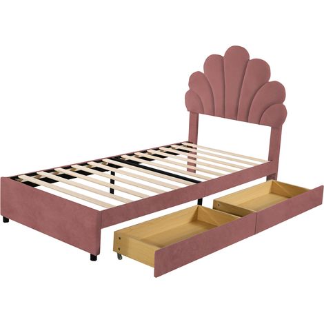 Cama infantil tapizada 90 x 200 cm en terciopelo rosa con cabecero floral y 2 cajones (1/5)