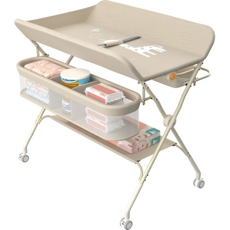 Table à Langer Pliante avec Panier de Rangement, Tables à langer avec 4 roulettes, Hauteur réglable, 75x68x83-91cm, blanc laiteux (1/5)