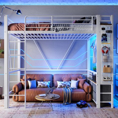 Lit mezzanine enfant 90x200 cm avec 4 tiroirs, penderie ouverte, étagères, LED, prise USB et USB-C, panneau perforé, métal et MDF, blanc (1/5)