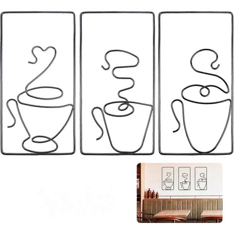 Décoration murale en métal, cadre décoratif en fer forgé représentant une tasse à café, art mural minimaliste pour café, cuisine, salon de thé, restaurant, pub, lot de 3, noir, 24 x 12 cm (1/5)