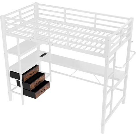 Lit mezzanine 90200cm avec éclairage LED, bureau, prise + USB, 3 tiroirs, étagères, garde-corps, escalier, sans matelas, blanc (1/5)