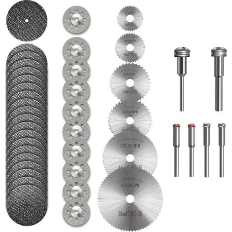 Kit de disques de coupe pour outils rotatifs, 32 pièces, disques diamantés et lames HSS, pour couper bois, métal, plastique, pierre, verre, mandrin 3mm, différentes tailles incluses (1/5)