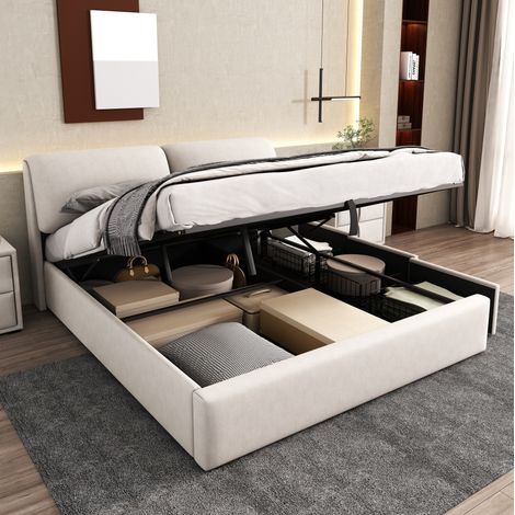 Letto contenitore 180x200 cm con 3 cassetti, vano portaoggetti e testiera regolabile, in velluto, beige, senza materasso (1/5)