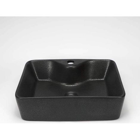 Rue Du Bain – Vasque à poser rectangulaire en céramique noir mat – Dimensions 48x38 cm – Sans trop plein – Plage de robinetterie percée (1/4)