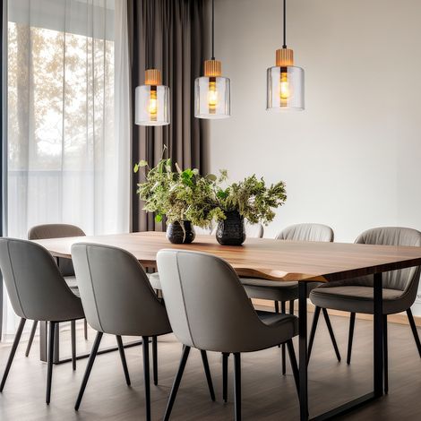 Hängeleuchte Holz Retro Pendelleuchte Rauchglas Hängelampe schwarz, Höhenverstellbar, Metall, 3x 7W 806Lm warmweiß, LxBxH 64x12x120 cm