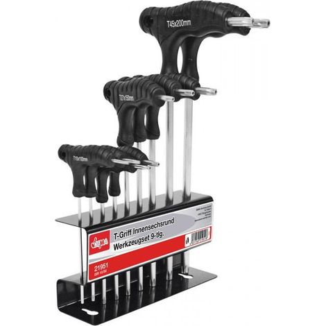 Dema – Lot de 9 clés Torx poignées en 'T' 280 mm – Chrome Vanadium – 1 côté TORX et 1 côté bout rond – Outil professionnel