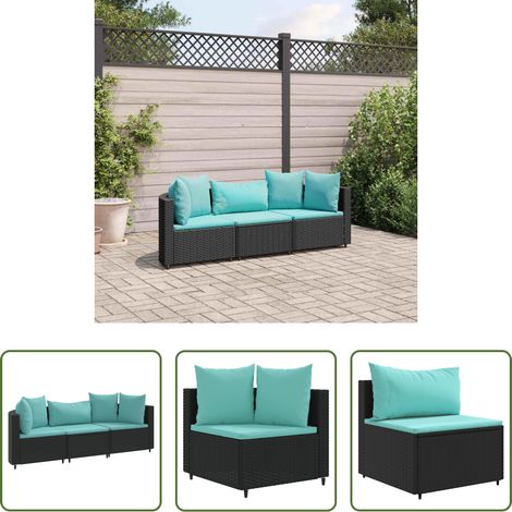 Meubles extérieurs - Salon de jardin 3 pcs avec coussins noir résine tressée (1/5)