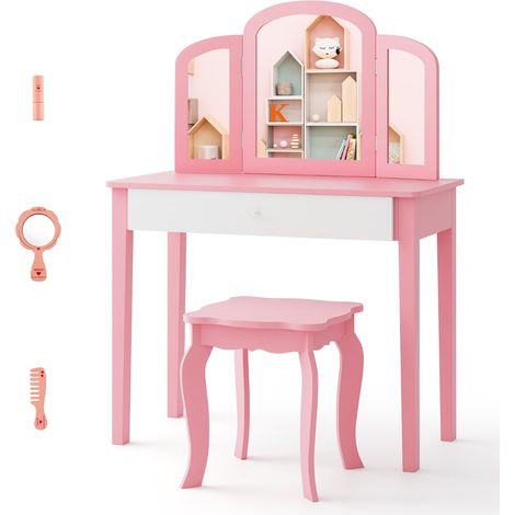 Ensemble coiffeuse et chaise avec miroir pliable pour enfants table et tabouret de maquillage de style princesse Rose et Blanc (1/2)