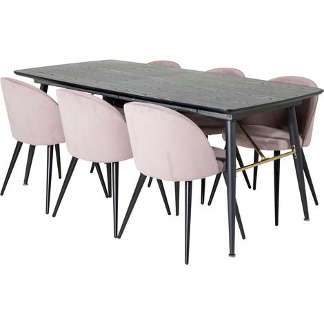Gold Essgruppe Esstisch Ausziehbarer Tisch Länge cm 180 / 220 schwarz und 6 Velvet Esszimmerstühle Samt pink, schwarz.