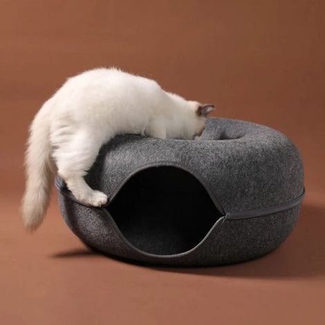 Tunnel et panier pour chat en 1 - Forme de donut - Anthracite - Feutre - 50 x 20 cm (1/5)