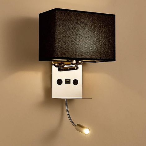 Indoor Wall Light with Flexible LED Reading Light, Bedside Wall Lamp with USB Port Wall Lamp and Shelf, Bedroom Wall Lamp with Fabric Lampshade,Warm Light Reading Light,B