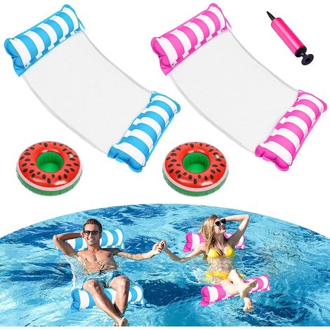 2 Pièces Bouée Piscine Adulte avec Porte-Boissons Gonflables, Matelas Gonflable 4 en 1 Flottant Inclinable, Hamac d’Eau Pompe à Air pour et Plage - (1/5)