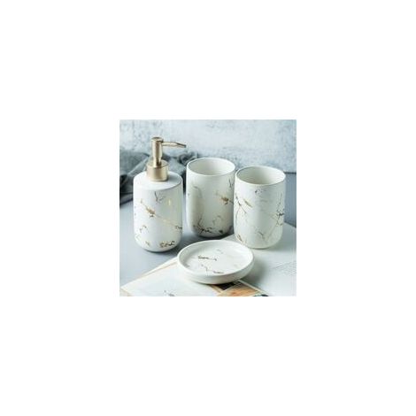 Accessorio creativo per il bagno, portaspazzolino perfetto, set da quattro pezzi con due bicchieri per il risciacquo, dispenser per sapone e lozione, effetto marmo (ceramica), bianco (1/4)