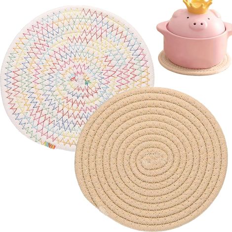 2 Pièces Set de Table Rond Lavable, 20 cm Tressé en Coton Résistantes à Chaleur, Dessous de Table Antidérapant Place Mats, Rustique Dessous Assiette pour Mariages, Hôtels, Fêtes, Marron Clair (1/5)