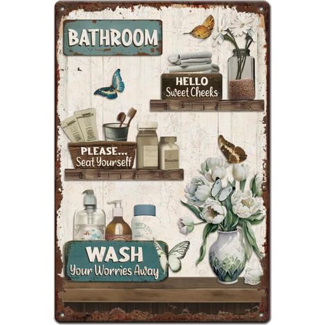 Plaque Étaine de Salle de Bain, Plaques Métalliques de Fleurs Suspendues Vintage, Plaque Étaine Métallique de Salle de Bain, Art Mural de Salle de Bain, Plaque de Bar, pour Man Cave, Bars, Café, Salon (1/4)