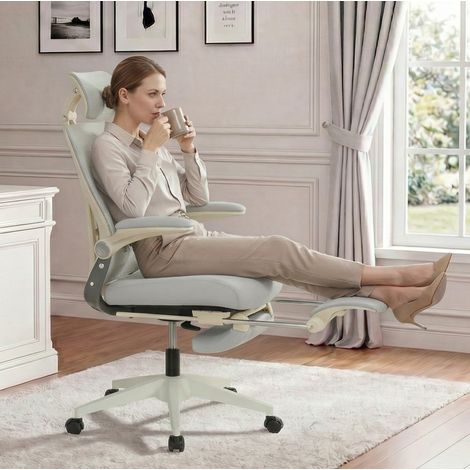 Sedia da ufficio ergonomica grigia con poggiapiedi, poggiatesta 3D e supporto lombare DESVIAE (1/5)