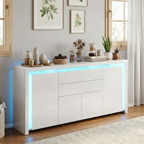 Madia 160 cm, buffet, cassettiere bianca, 4 ante e 2 cassetti, illuminazione LED, mobile contenitore con frontali laccati lucidi, per soggiorno e cucina, stile scandinavo, Bianco