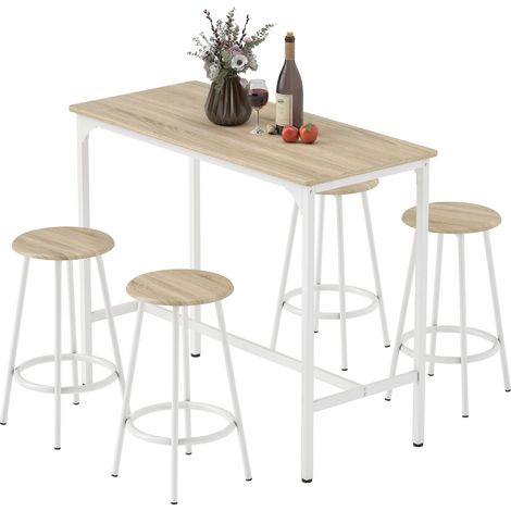 Table haute et 4 tabourets avec repose-pieds moderne, structure bois effet métal