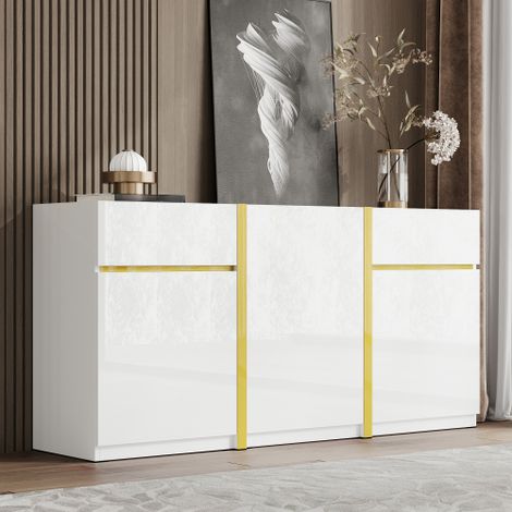 Buffet laqué brillant 160x40x78 cm - Meuble de rangement moderne - 3 portes et 2 tiroirs - MDF - Blanc