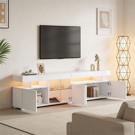 Meuble TV 180x35x45 cm blanc,3 portes,étagères verre trempé réglables,adapté TV jusqu’à 80 pouces.