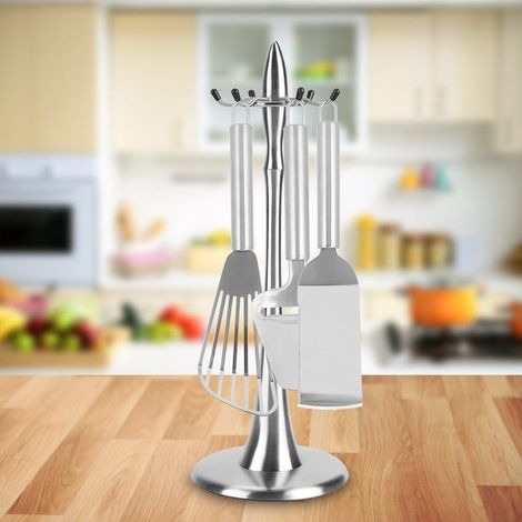 Porte-ustensiles de cuisine en inox, support rotatif pour spatule, cuillère et écumoire, organisateur de rangement pratique, 360°, acier inoxydable, pour cuisine moderne (1/3)