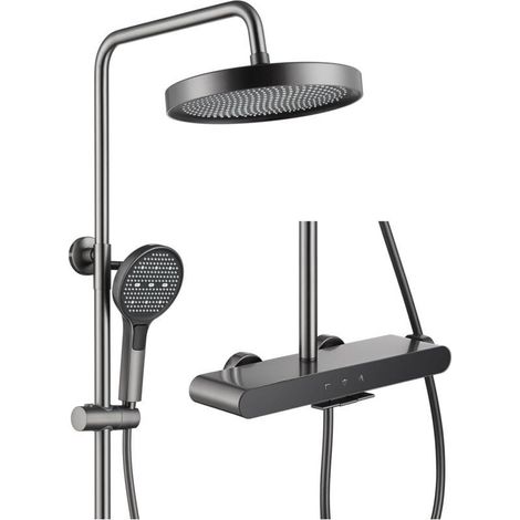 Shower column set with 3 functions, grey wall-mounted shower system set with round shower head, 3-mode shower head and waterfall bath spout (1/5)