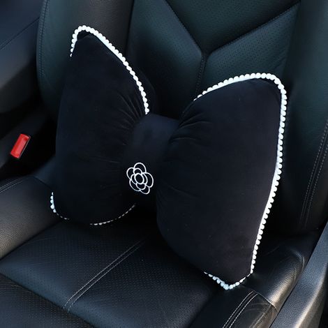 Coussin cervical nœud papillon en peluche douce, appui-tête pour siège auto avec bande élastique à clipser, noir (1/5)