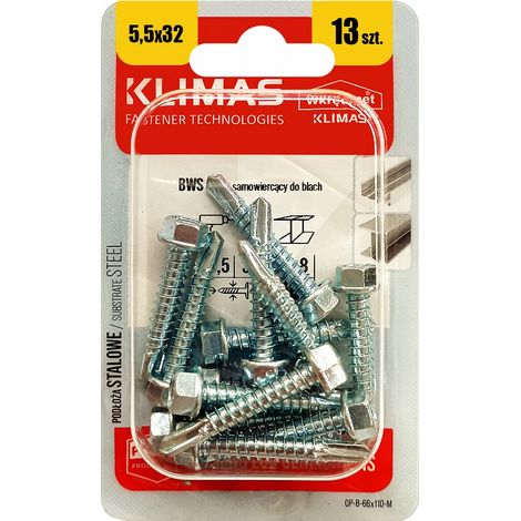 Vis Autoperceuses Pour Tôle Klimas, 5.5 x 32 mm, Tête Hexagonale, Blister 13 Pièces (1/5)