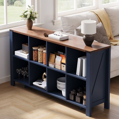 Mueble 8 compartimentos, estantería horizontal abierta 140x34x75 cm, MDF azul HAVRYA (1/5)