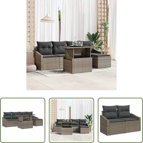vidaXL Poly-Rattan - Garten-Sofa-Set mit Kissen mit Speicher 6 pcs Grau Poly-Rattan