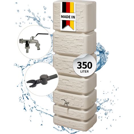 4rain SLIM STONE DECOR Regentonne Wandtank Komplett-Set 350 Liter sandbeige inkl. Chrom-Doppelauslaufhahn und Fallrohranschluss (1/5)