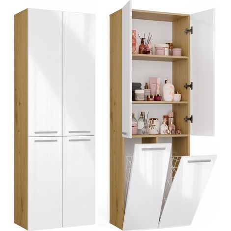 NEL 2k dd mobile bagno - 3 mensole, 2 cesto portabiancheria - 60x174x30 cm - rovere artisan bianco lucido (1/5)