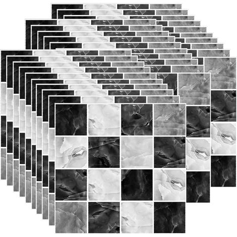 30 Pièces 10x10cm Mosaïque Stickers Carrelage, Imperméables Crédence Cuisine Carreau, Auto-Adhésif Autocollant Mural (Noir et Blanc) (1/5)