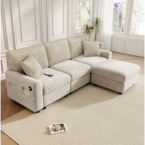 Divano moderno beige con 1 pouf, 2 cuscini quadrati, porte USB e Type-C, 223 x 146 x 84 cm (1/5)
