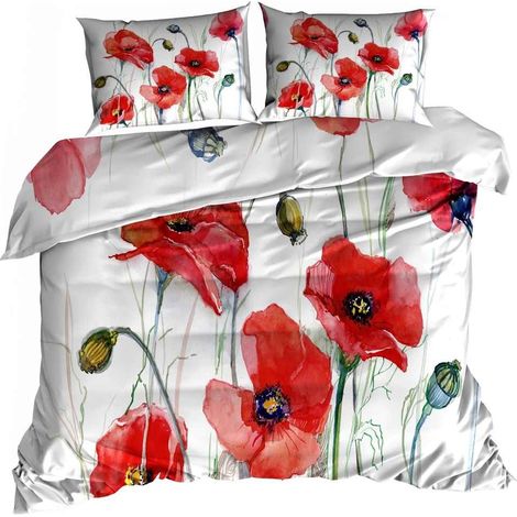 Juego de cama de satén de algodón 3D de 160x200 cm con amapolas rojas