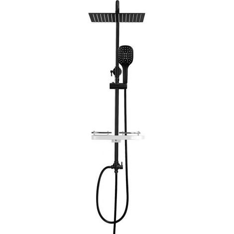 Görbach – Colonne de douche sans robinetterie noir mat – Tablette intégrée – Douchette 3 jets – Idéale pour rénovation – Tête de pluie carrée de 25x25 cm