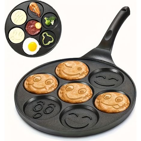 7-teilige Eierpfanne mit Smiley-Motiv, Keramik-Antihaftbeschichtung, Gasversion für Frühstück und Pfannkuchen (1/3)
