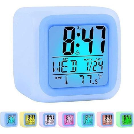 Réveil de chambre avec fonction snooze, veilleuse 7 couleurs, affichage de la date, capteur de température et format 12/24 heures. (1/5)