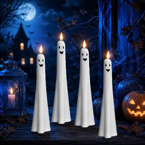 Neue LED-Stabkerzen mit Sensor – Gruselige Halloween-LED-Kerzen mit Smiley-Gesichtern und Lichtsensor – 4er-Pack – Fernbedienungsversion