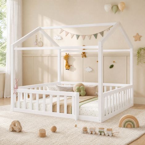 Letto bambini a casetta in pino bianco 90x190 cm 2 in 1 con sponde e LED (1/5)