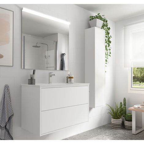 Mobile bagno sospeso 80 cm 2 cassetti in legno bianco opaco con lavabo a incasso - Olympus - 80 cm Con Doppia colonna Specchio e Lampada Led - Accessorio: Con Doppia colonna Specchio e Lampada Led -