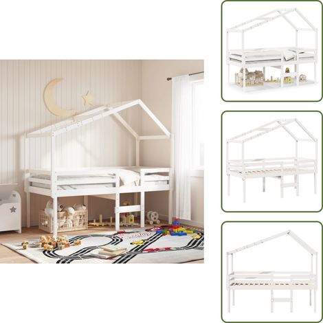 The Living Store Hochbett mit Dach Weiß 90x190 cm Massivholz Kiefer - Kinderbett - Hochbett - Holzbett - Kiefernholzbett - Weißes Bett
