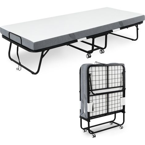 Folding Bed with 10cm Mattress, Portable Foldable Guest Bed with Sturdy Metal Frame on Wheels (1/5)