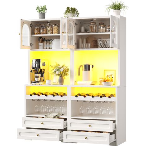 Meuble de rangement haut à portes en verre cintré, éclairage LED piloté par appli et synchronisation musicale, tablettes ajustables, cave à bouteilles, prise USB, système anti-chute, pour séjour et sa (1/5)
