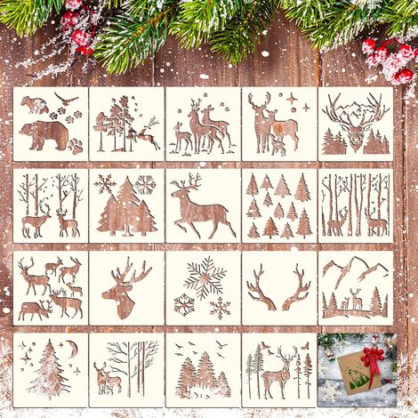 Set of 20 reusable Christmas deer stencils for children (15 x 15 cm) for painting on wood, fabric, or using an airbrush (1/5)