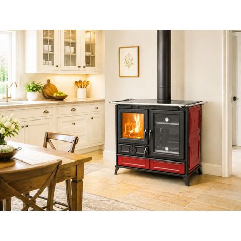 Cuisinière à bois en céramique raccordable - THERMOROSSI Margherita Evo 12.1 kW Bordeaux - Avec kit air - Sans barre latérale (1/5)