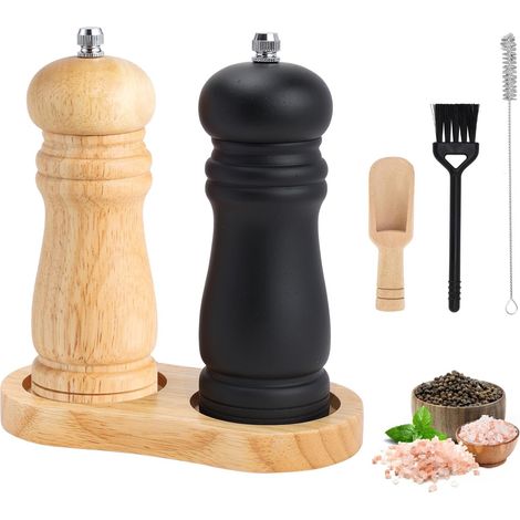 Salz- und Pfeffermühle aus Holz mit Ablage, 15 cm manuelle Salz- und Pfefferstreuer (2 Stück), einstellbarer grober und feiner Mahlgrad, Keramikrotor, für Chili, Pfeffer, Salz (Holz + Schwarz) (1/5)