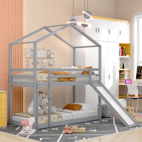 Hausbett 90x200cm, Kinderbett, Spielbett, Etagenbett,mit Rutsche,Mit Lattenrost, Grau, KINSI (1/5)